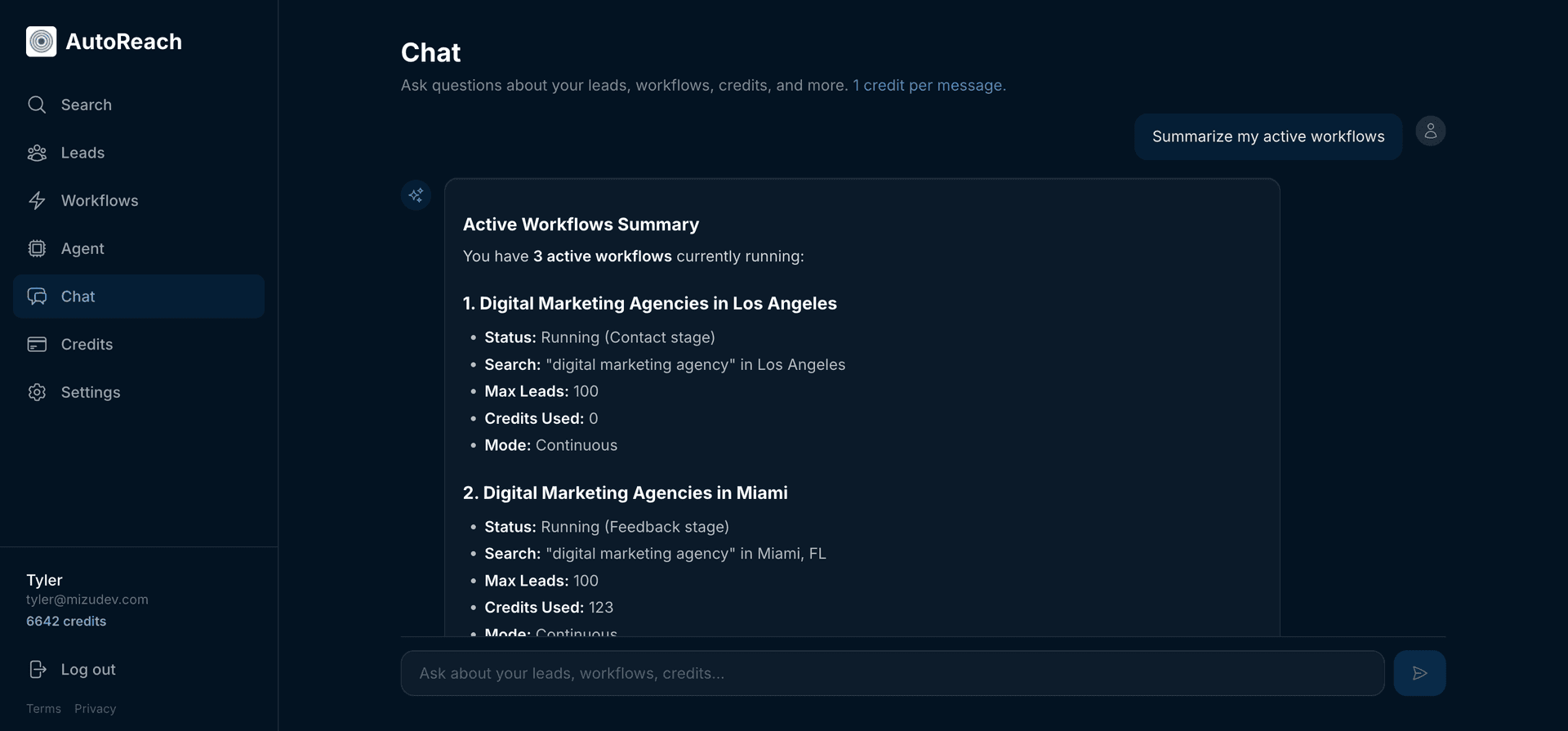 AutoReach AI Chat Assistant showing a conversation with workflow summaries, lead status breakdowns, and actionable follow-up suggestions