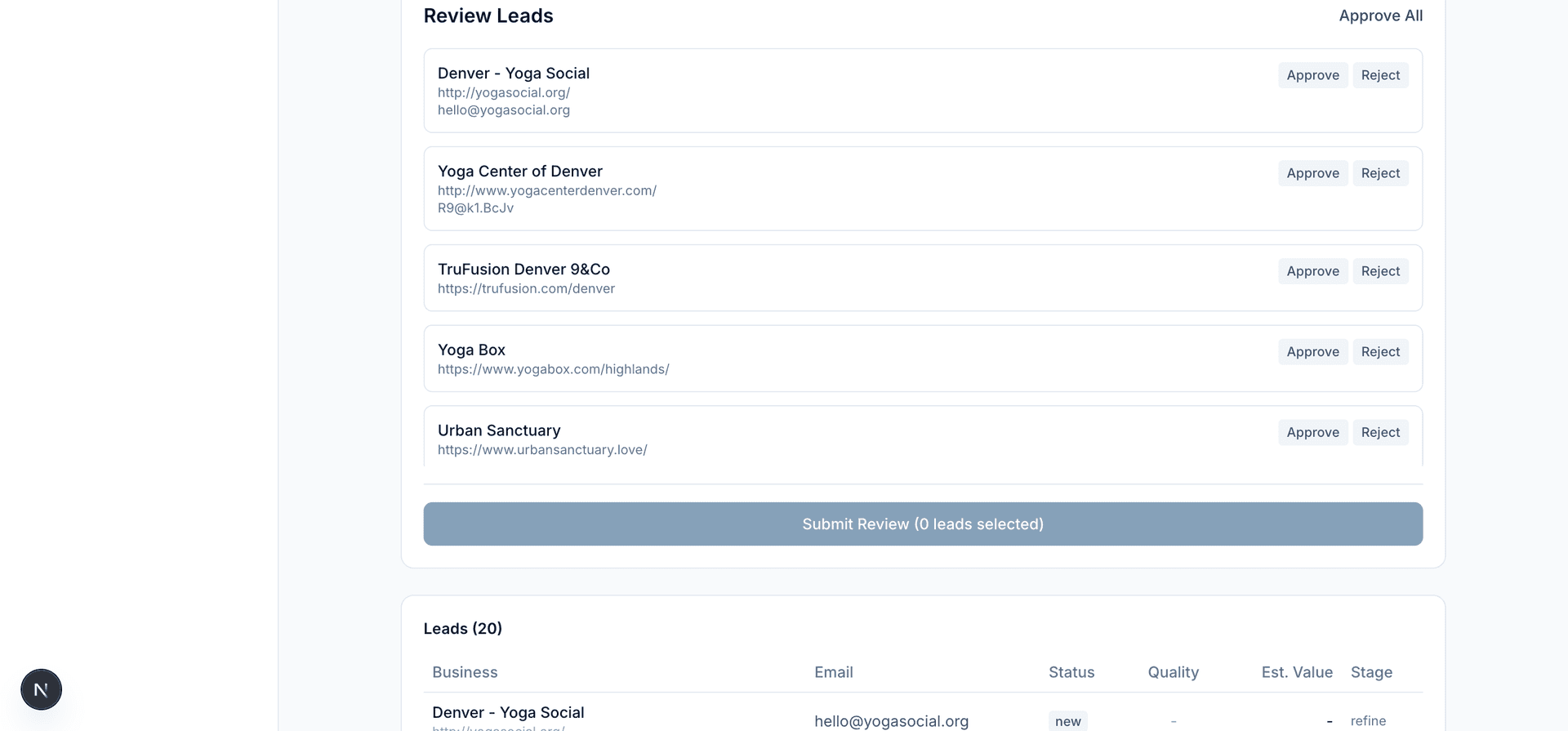Lead review panel with AI quality scores, agent recommendations, and one-click Trust Agent approval
