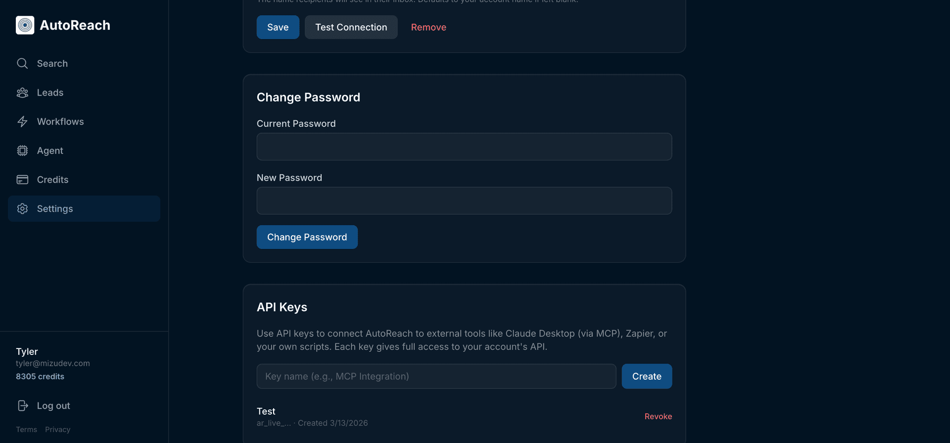 AutoReach API key management showing key creation, prefix display, and revoke controls