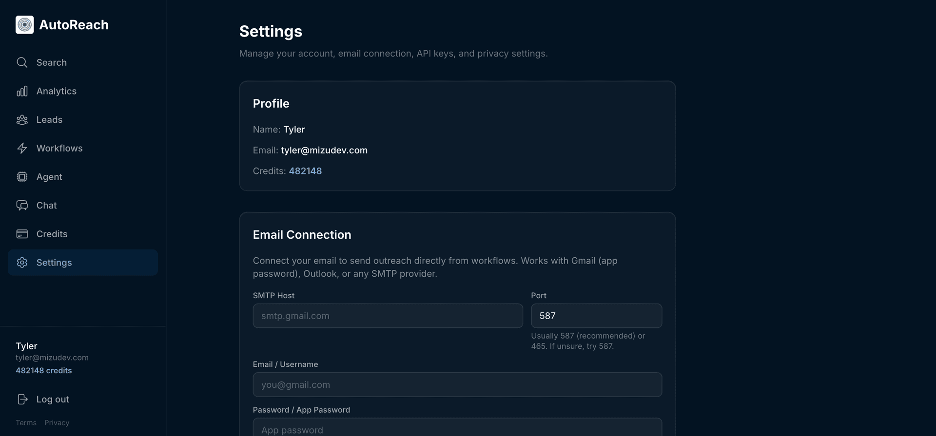 AutoReach SMTP email connection settings showing Gmail integration with test connection and verified status