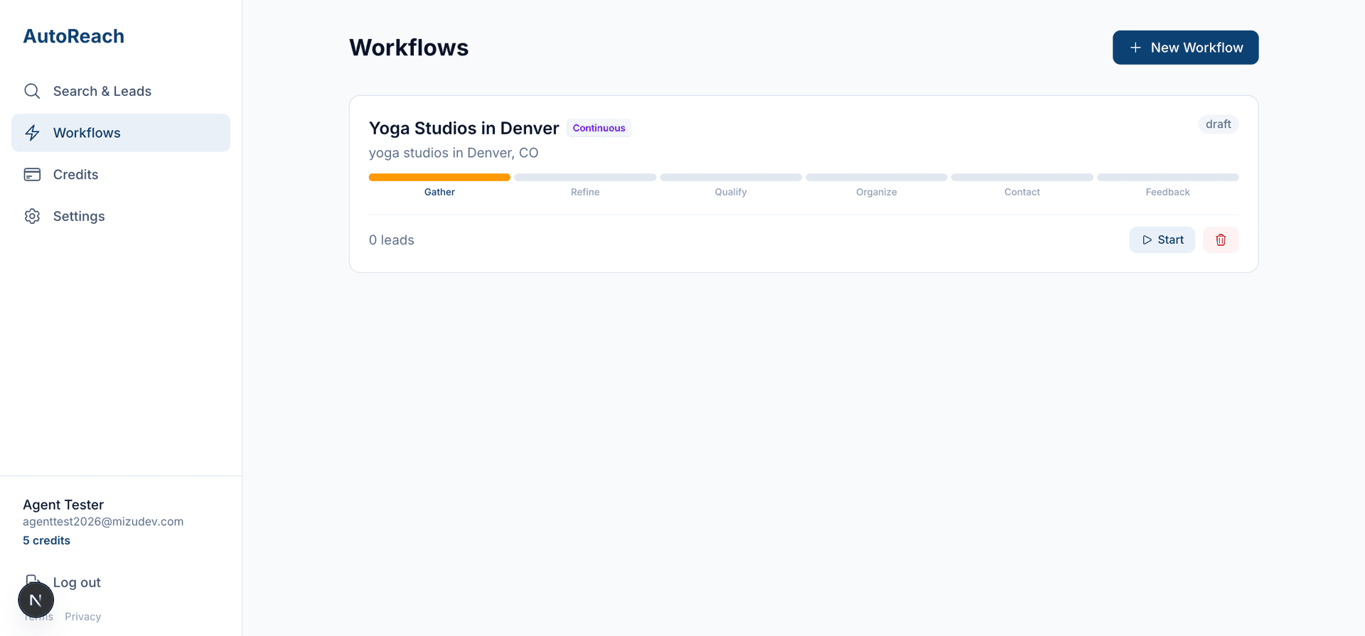 Workflows list showing continuous agent mode, cycle counts, quality scores, and estimated pipeline value